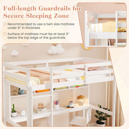 Twin Size Loft Bed With Desk, Shelves, White Simple Bed Frame at Gallery Canada