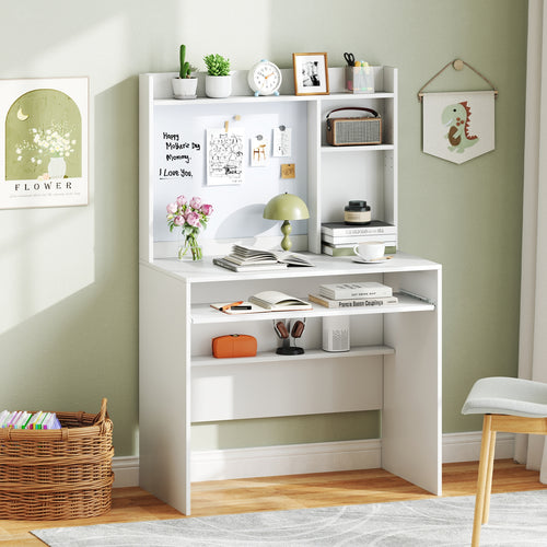 Compact Office Desk With Hutch Magnetic Whiteboard, White