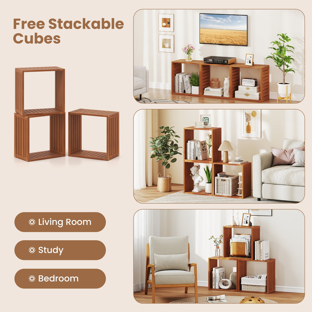 3 Cube Bookcase, Solid Wood Stacking Storage Organizer, Teak Bookcases at Gallery Canada