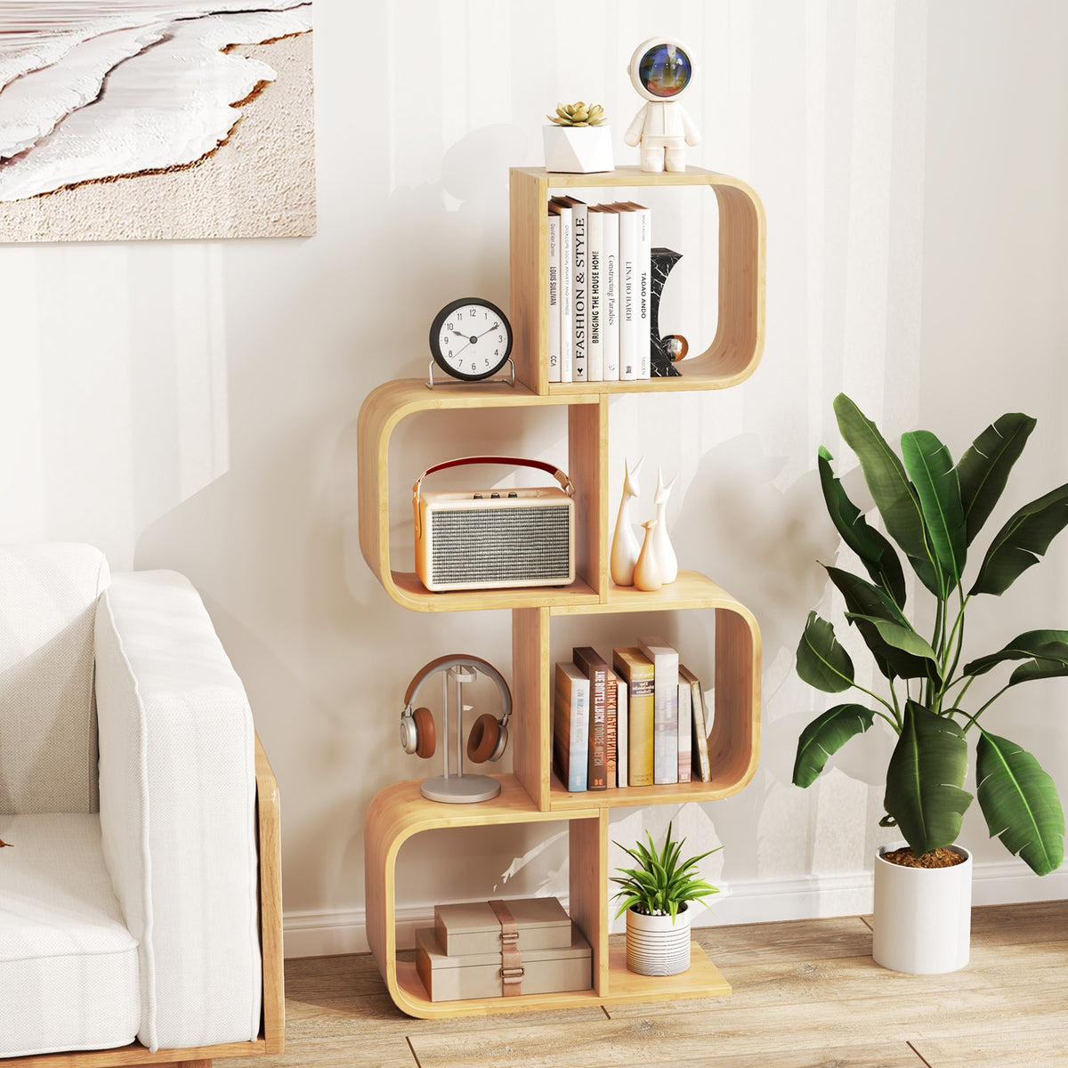 4-Tier S-Shaped Bamboo Bookcase, 4 Open Cubes, Natural Bookcases at Gallery Canada