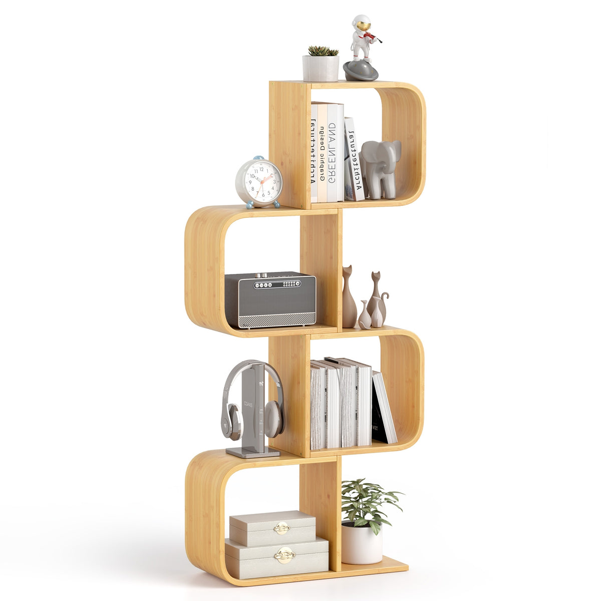 4-Tier S-Shaped Bamboo Bookcase, 4 Open Cubes, Natural Bookcases at Gallery Canada
