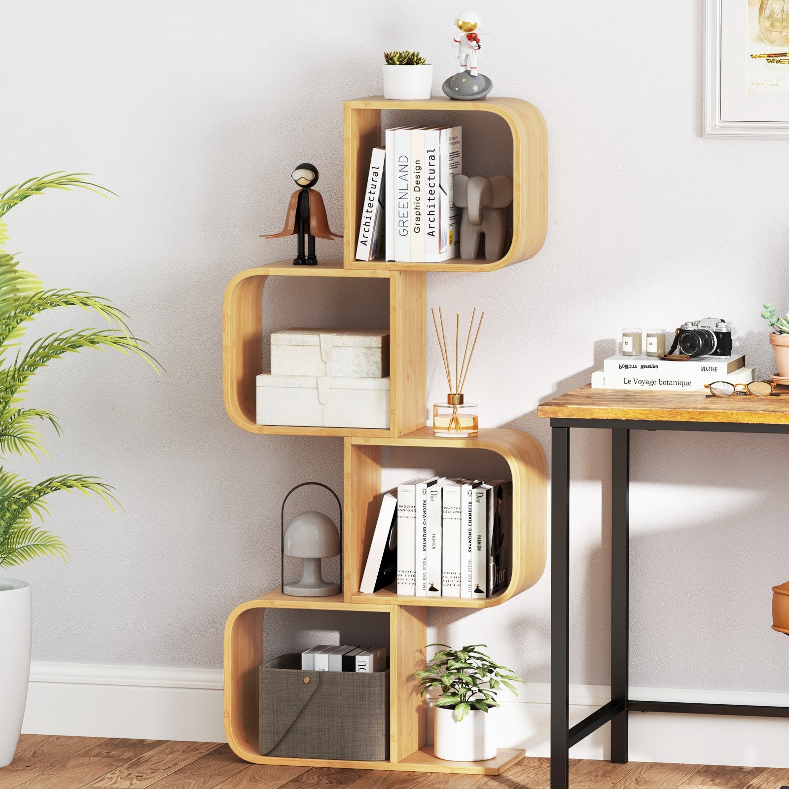 4-Tier S-Shaped Bamboo Bookcase, 4 Open Cubes, Natural Bookcases at Gallery Canada