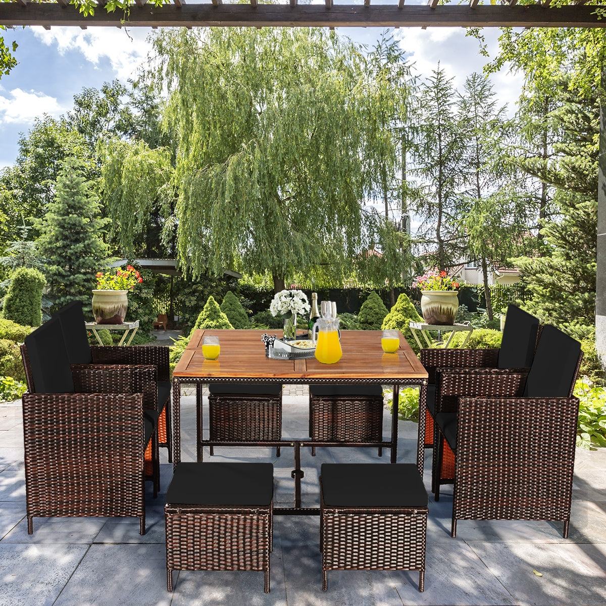 9 Piece Patio Rattan Dining Cushioned Chairs Set, Black Patio Dining Sets at Gallery Canada
