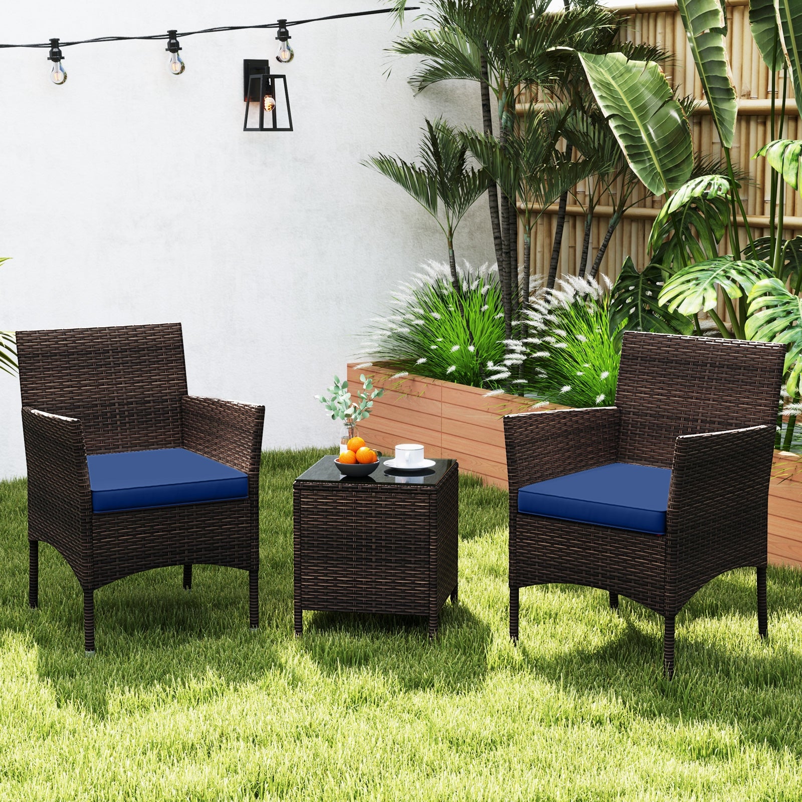 3 Piece Outdoor Conversation Set, Cushioned Seat, Glass Tabletop, Navy Patio Conversation Sets at Gallery Canada