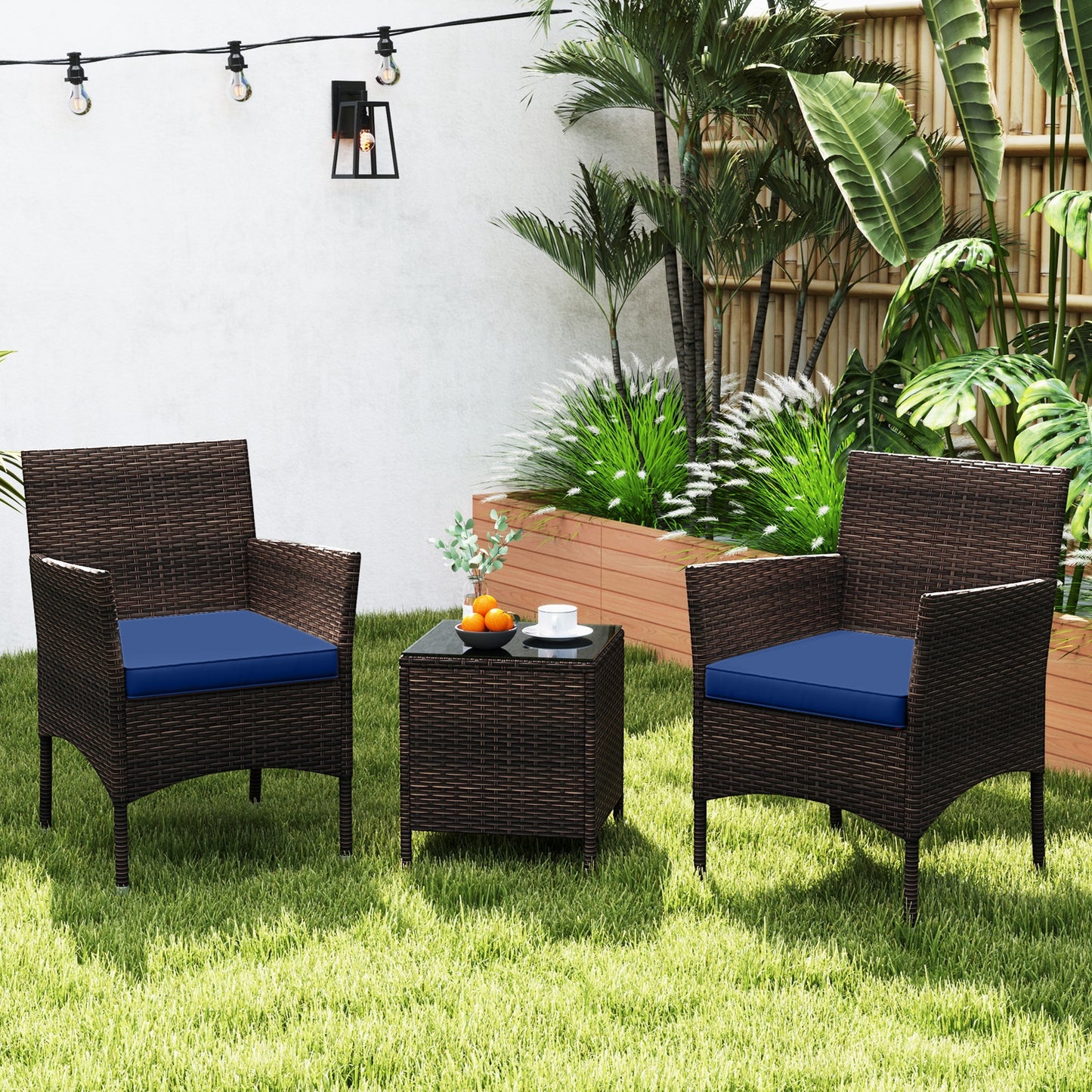 3 Piece Outdoor Conversation Set, Cushioned Seat, Glass Tabletop, Navy Patio Conversation Sets at Gallery Canada