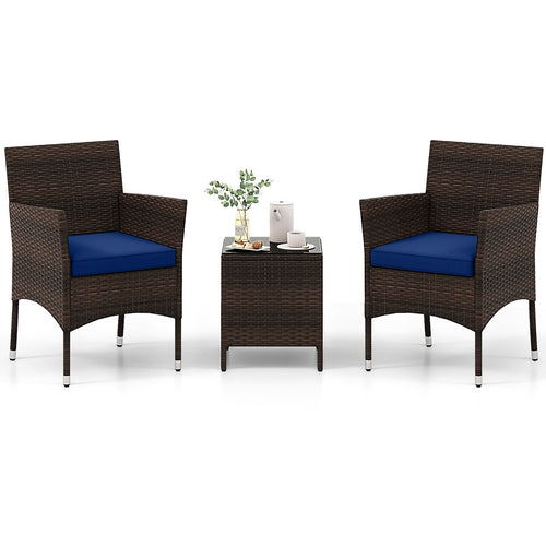 3 Piece Outdoor Conversation Set, Cushioned Seat, Glass Tabletop, Navy