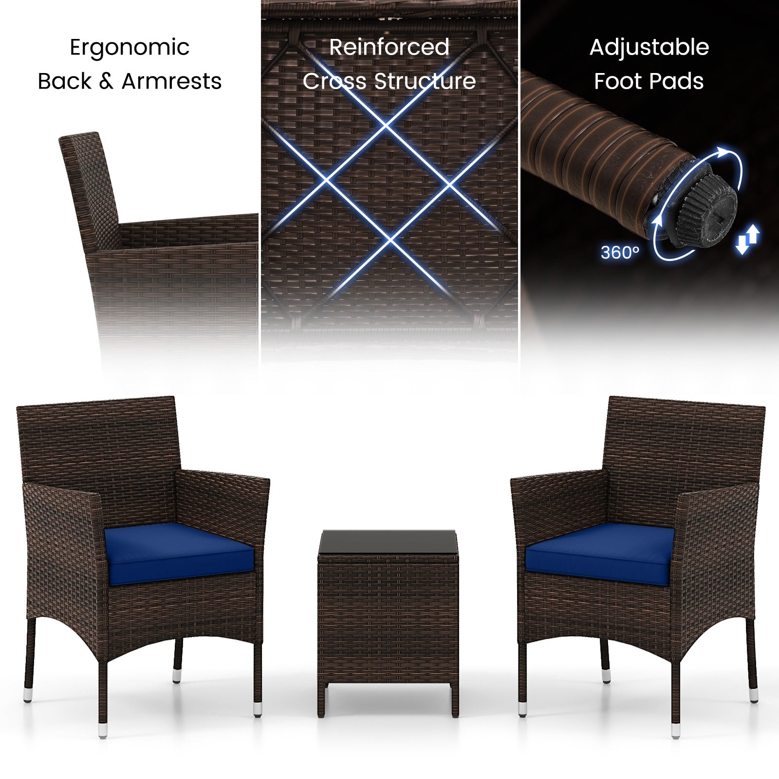 3 Piece Outdoor Conversation Set, Cushioned Seat, Glass Tabletop, Navy Patio Conversation Sets at Gallery Canada