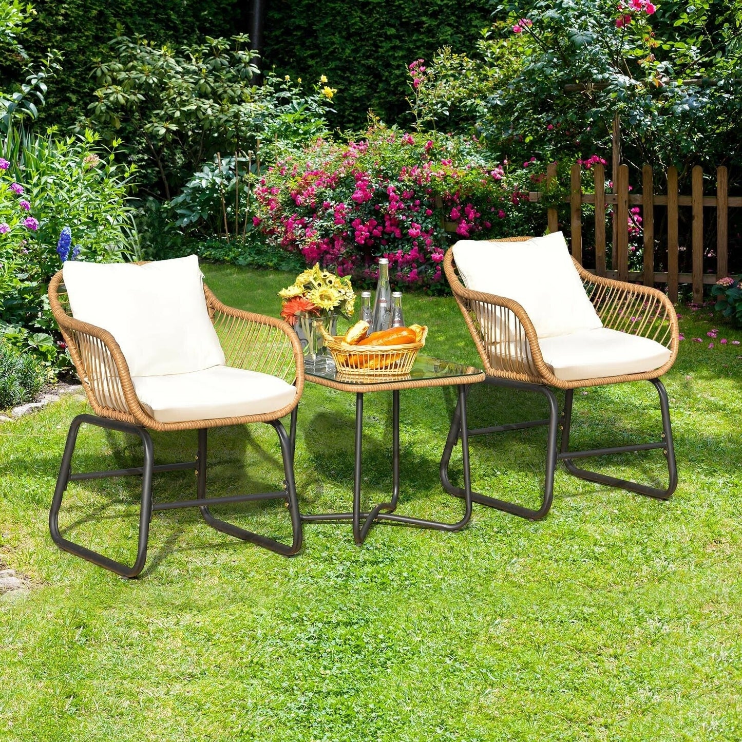 3-Piece Patio Bistro Set, 2 Rattan Chairs, Square Glass Coffee Table, White Patio Conversation Sets at Gallery Canada