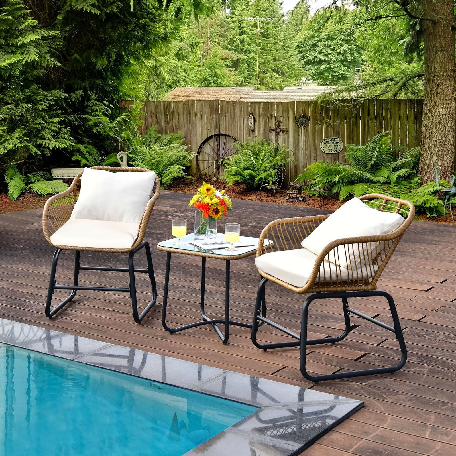 3-Piece Patio Bistro Set, 2 Rattan Chairs, Square Glass Coffee Table, White Patio Conversation Sets at Gallery Canada