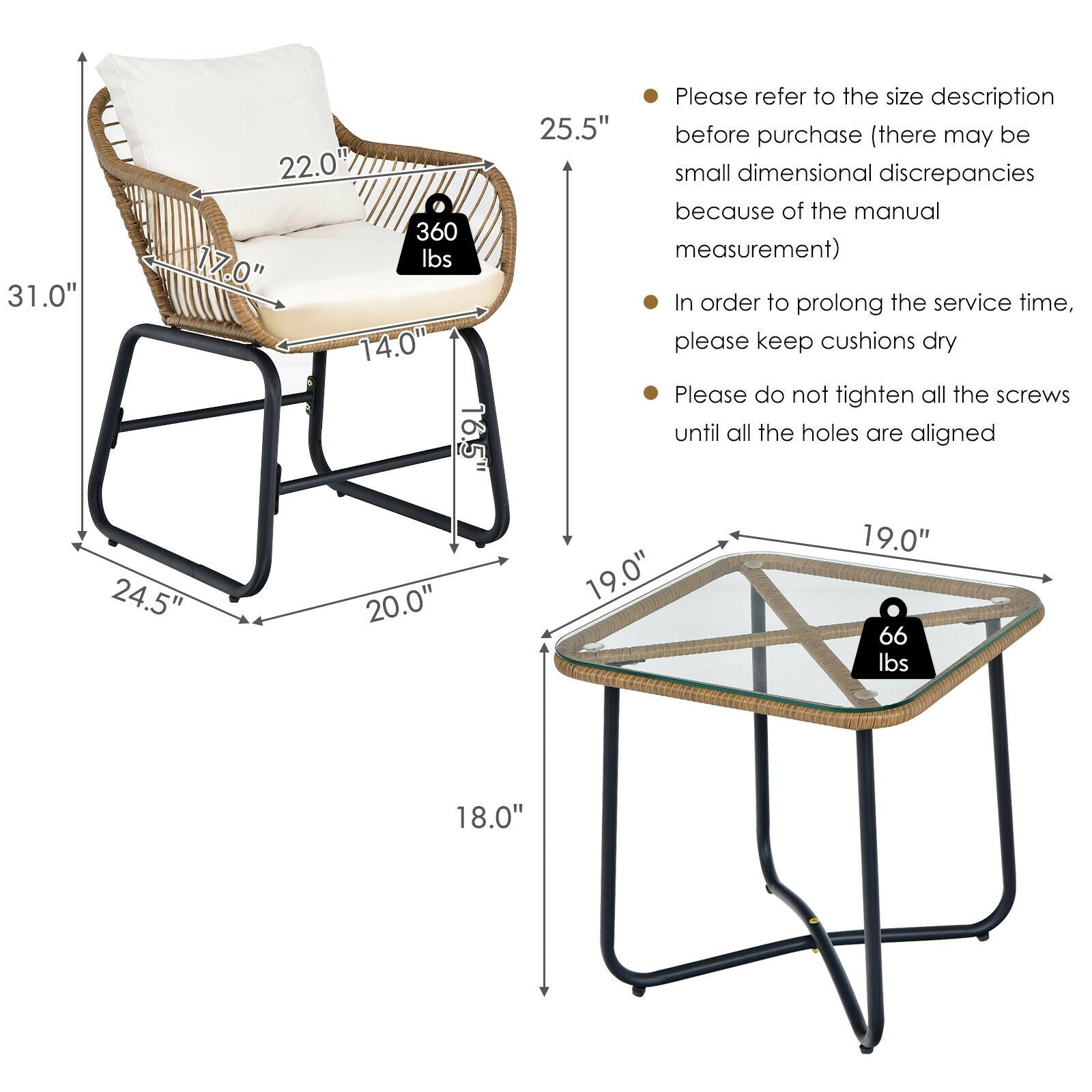 3-Piece Patio Bistro Set, 2 Rattan Chairs, Square Glass Coffee Table, White Patio Conversation Sets at Gallery Canada