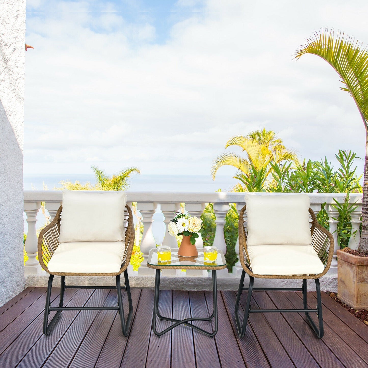 3-Piece Patio Bistro Set, 2 Rattan Chairs, Square Glass Coffee Table, White Patio Conversation Sets at Gallery Canada