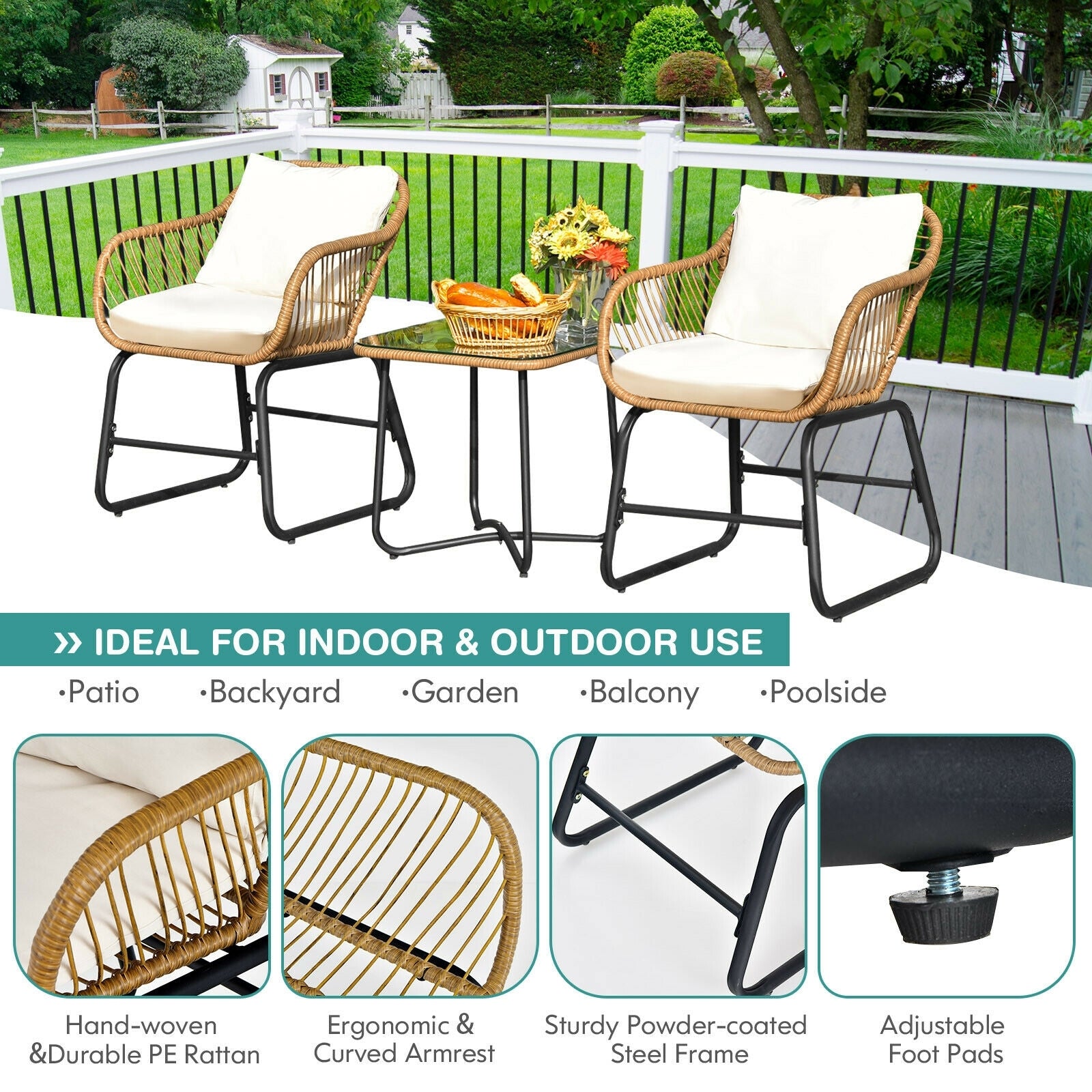 3-Piece Patio Bistro Set, 2 Rattan Chairs, Square Glass Coffee Table, White Patio Conversation Sets at Gallery Canada