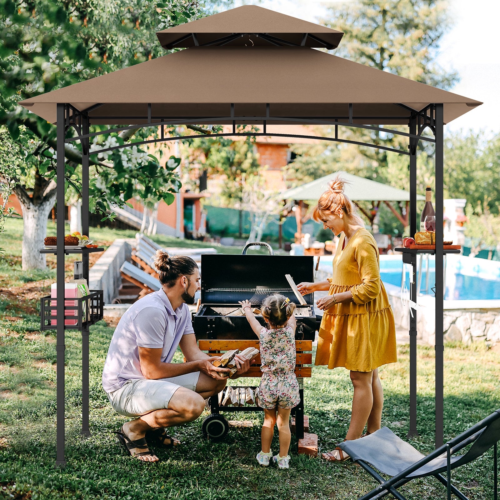 8 x 5 Feet Outdoor Grill Gazebo, 2 Side Shelves, 10 Hooks, Brown Gazebos at Gallery Canada