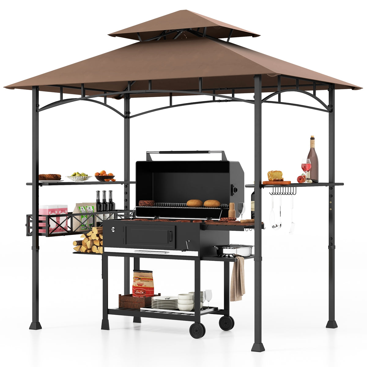 8 x 5 Feet Outdoor Grill Gazebo, 2 Side Shelves, 10 Hooks, Brown Gazebos at Gallery Canada