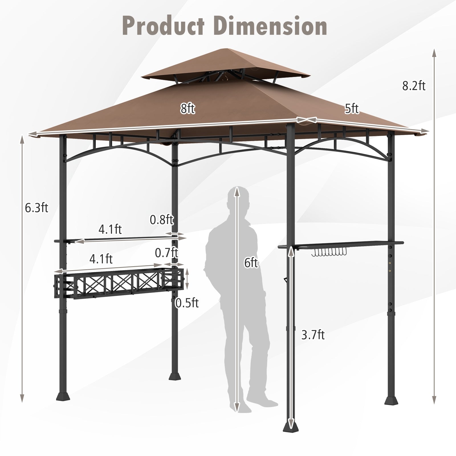 8 x 5 Feet Outdoor Grill Gazebo, 2 Side Shelves, 10 Hooks, Brown Gazebos at Gallery Canada