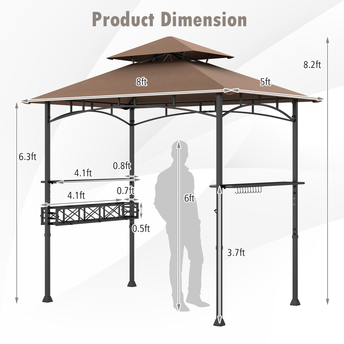 8 x 5 Feet Outdoor Grill Gazebo, 2 Side Shelves, 10 Hooks, Brown Gazebos at Gallery Canada