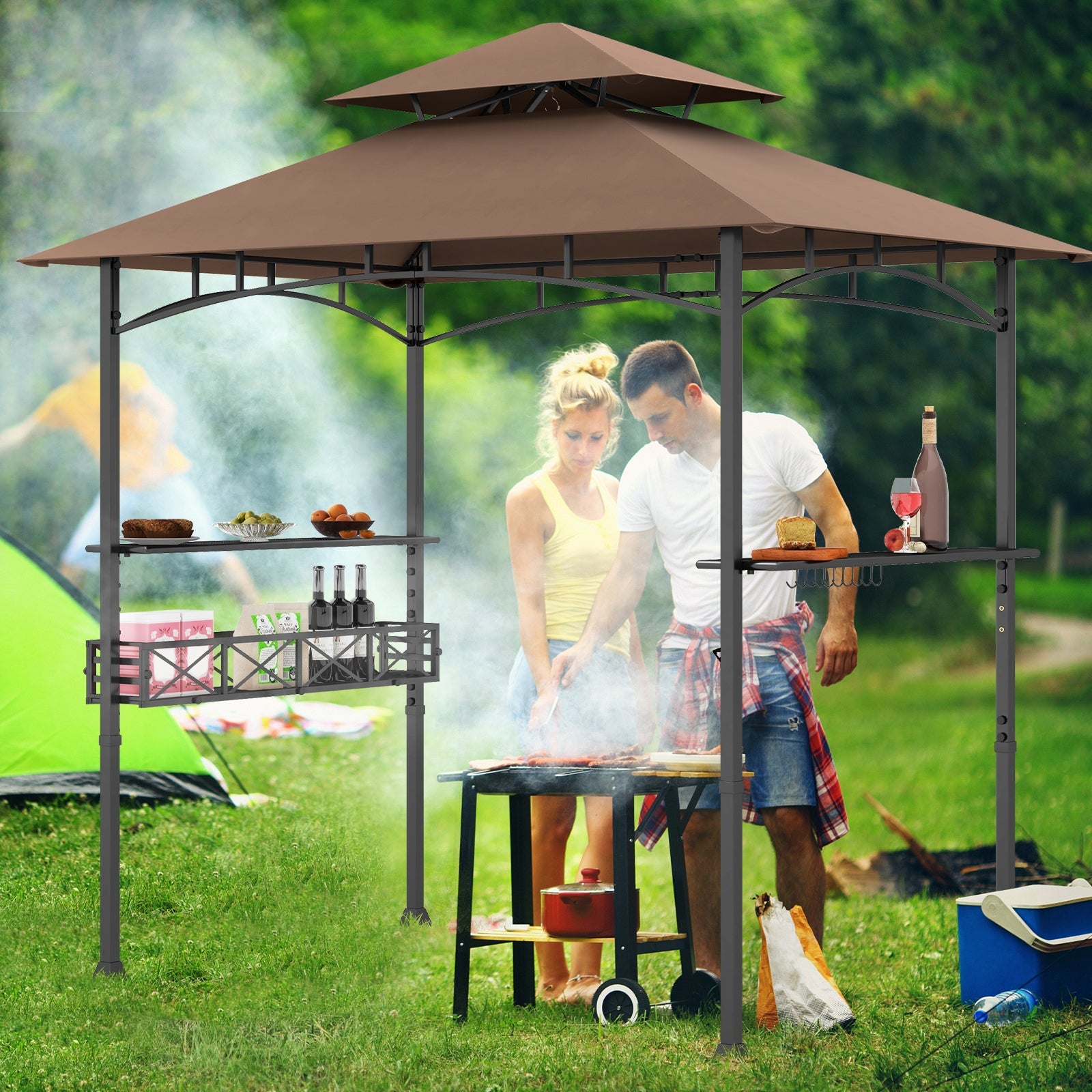 8 x 5 Feet Outdoor Grill Gazebo, 2 Side Shelves, 10 Hooks, Brown Gazebos at Gallery Canada