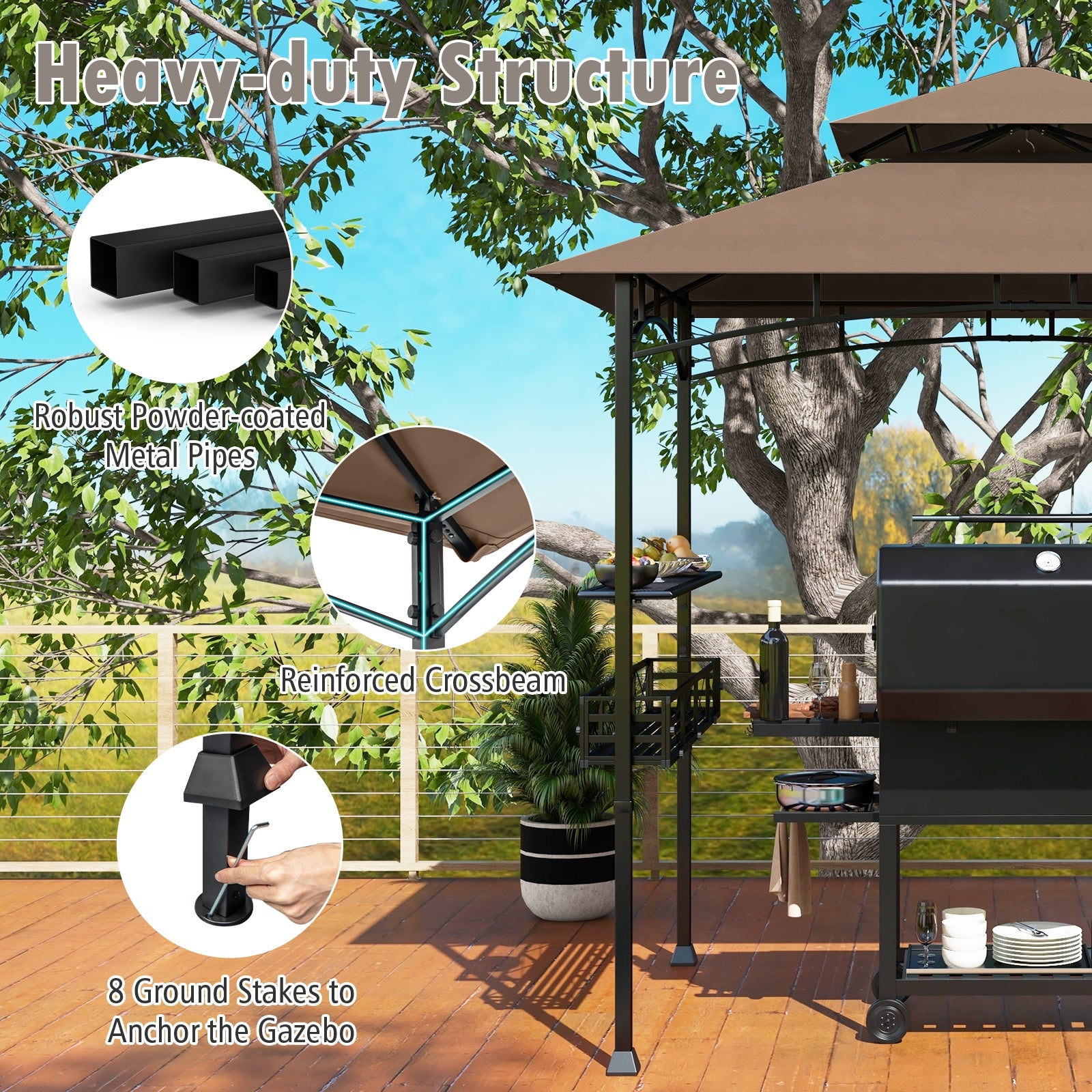 8 x 5 Feet Outdoor Grill Gazebo, 2 Side Shelves, 10 Hooks, Brown Gazebos at Gallery Canada