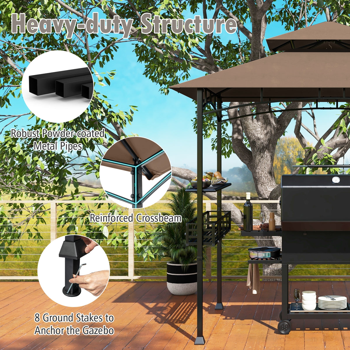 8 x 5 Feet Outdoor Grill Gazebo, 2 Side Shelves, 10 Hooks, Brown Gazebos at Gallery Canada