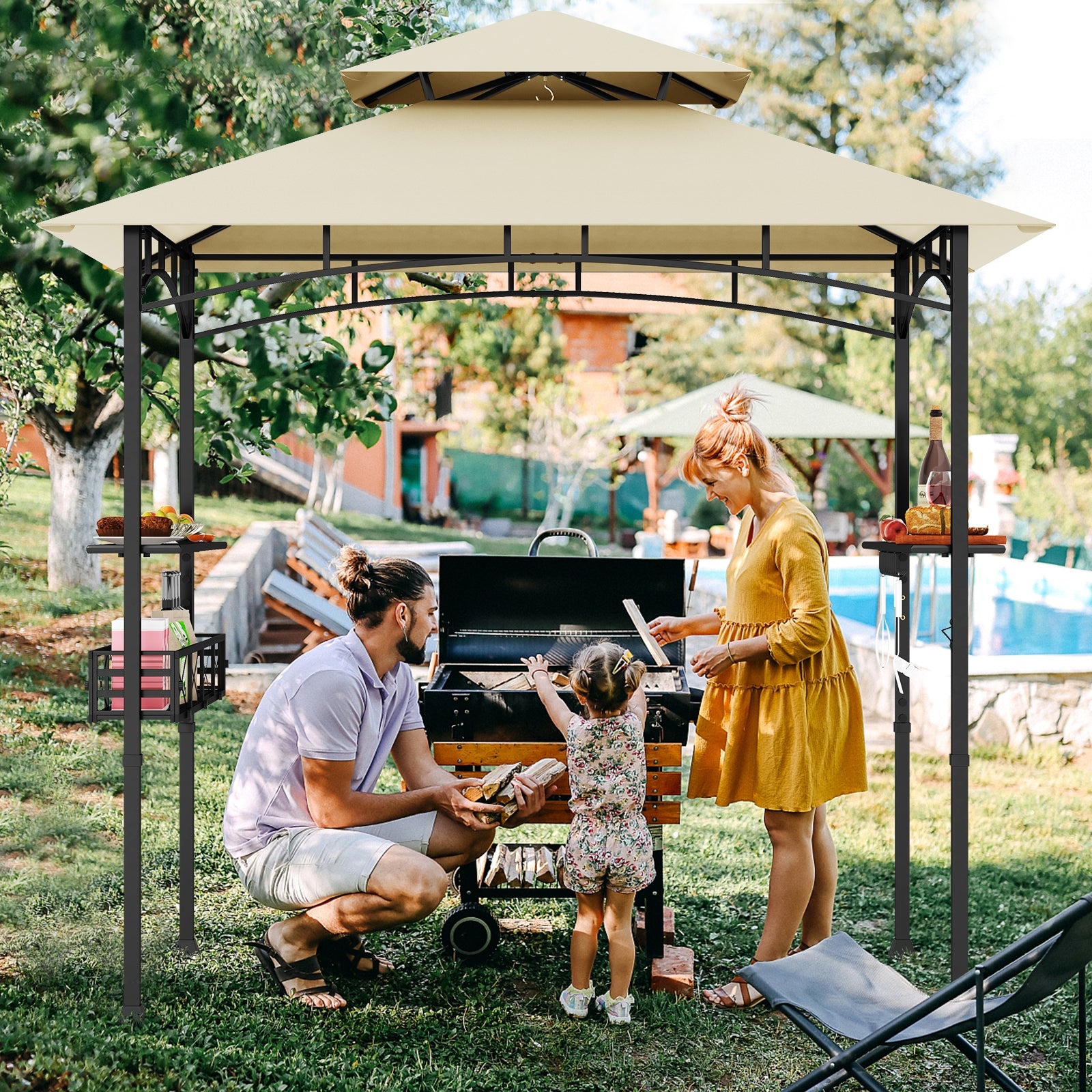 8 x 5 Feet Outdoor Grill Gazebo, 2 Side Shelves, 10 Hooks, Beige Gazebos at Gallery Canada