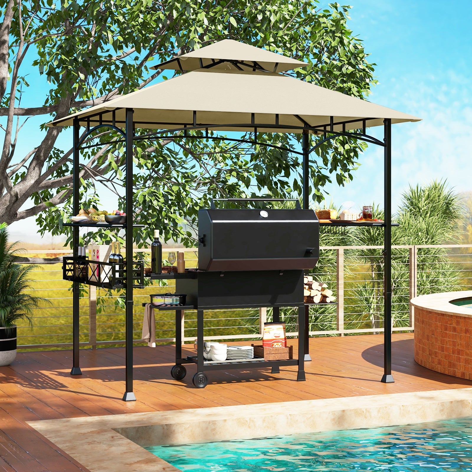 8 x 5 Feet Outdoor Grill Gazebo, 2 Side Shelves, 10 Hooks, Beige Gazebos at Gallery Canada