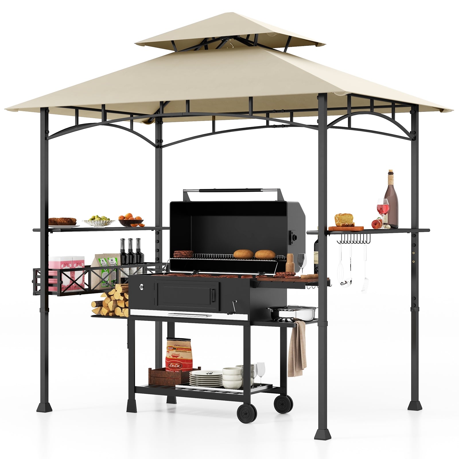 8 x 5 Feet Outdoor Grill Gazebo, 2 Side Shelves, 10 Hooks, Beige Gazebos at Gallery Canada