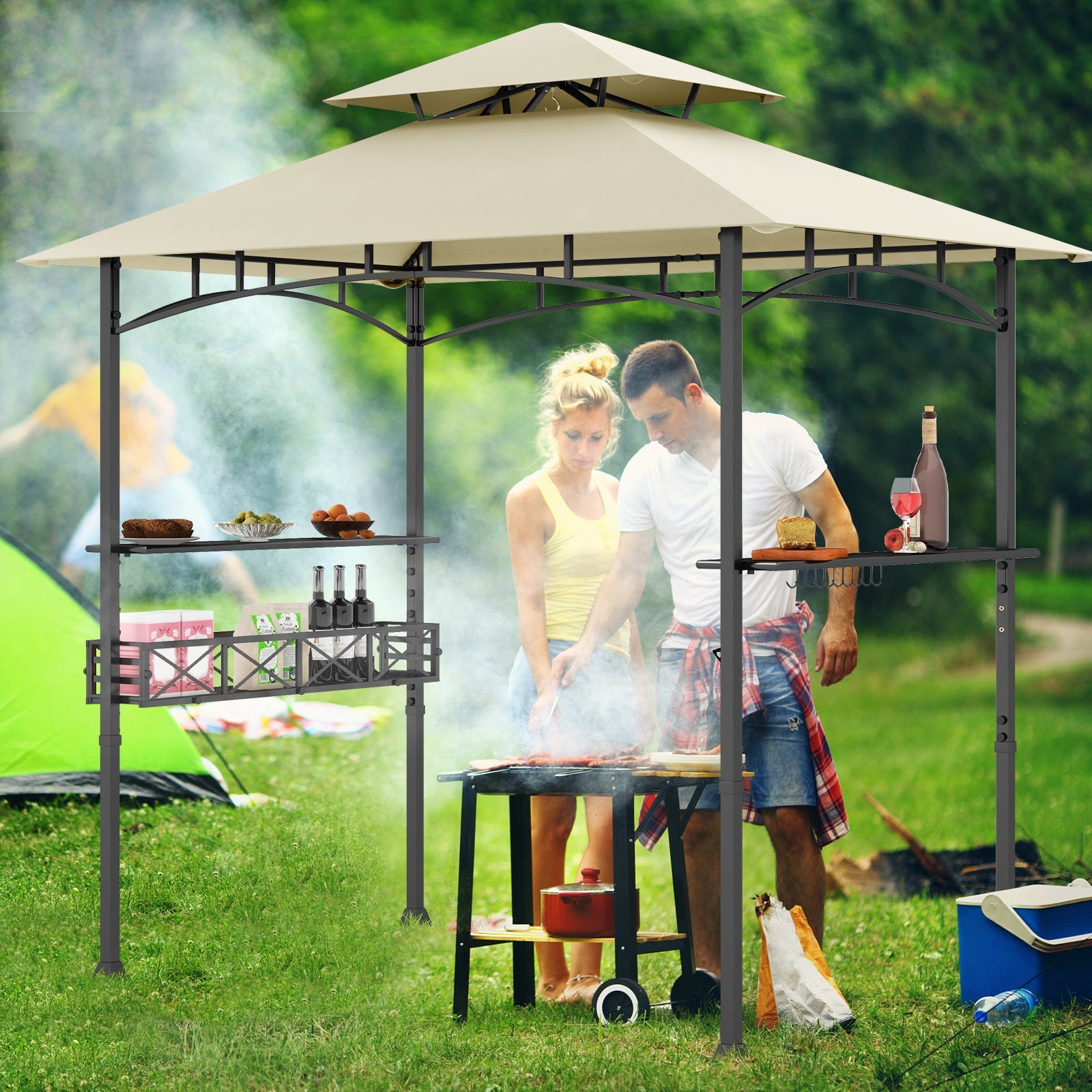 8 x 5 Feet Outdoor Grill Gazebo, 2 Side Shelves, 10 Hooks, Beige Gazebos at Gallery Canada