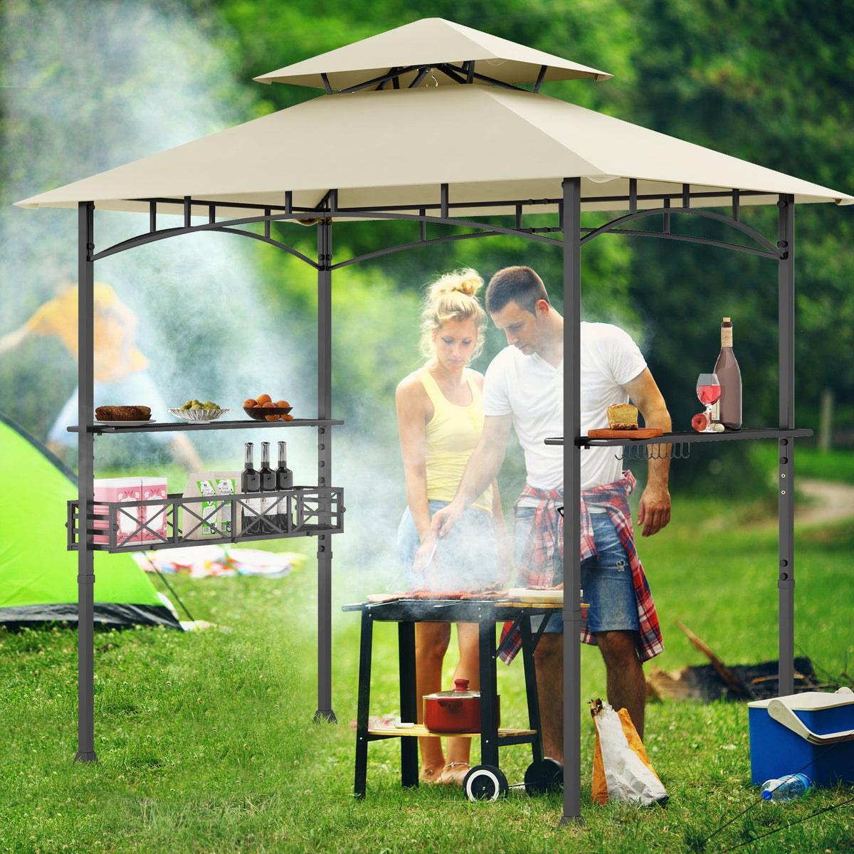 8 x 5 Feet Outdoor Grill Gazebo, 2 Side Shelves, 10 Hooks, Beige Gazebos at Gallery Canada