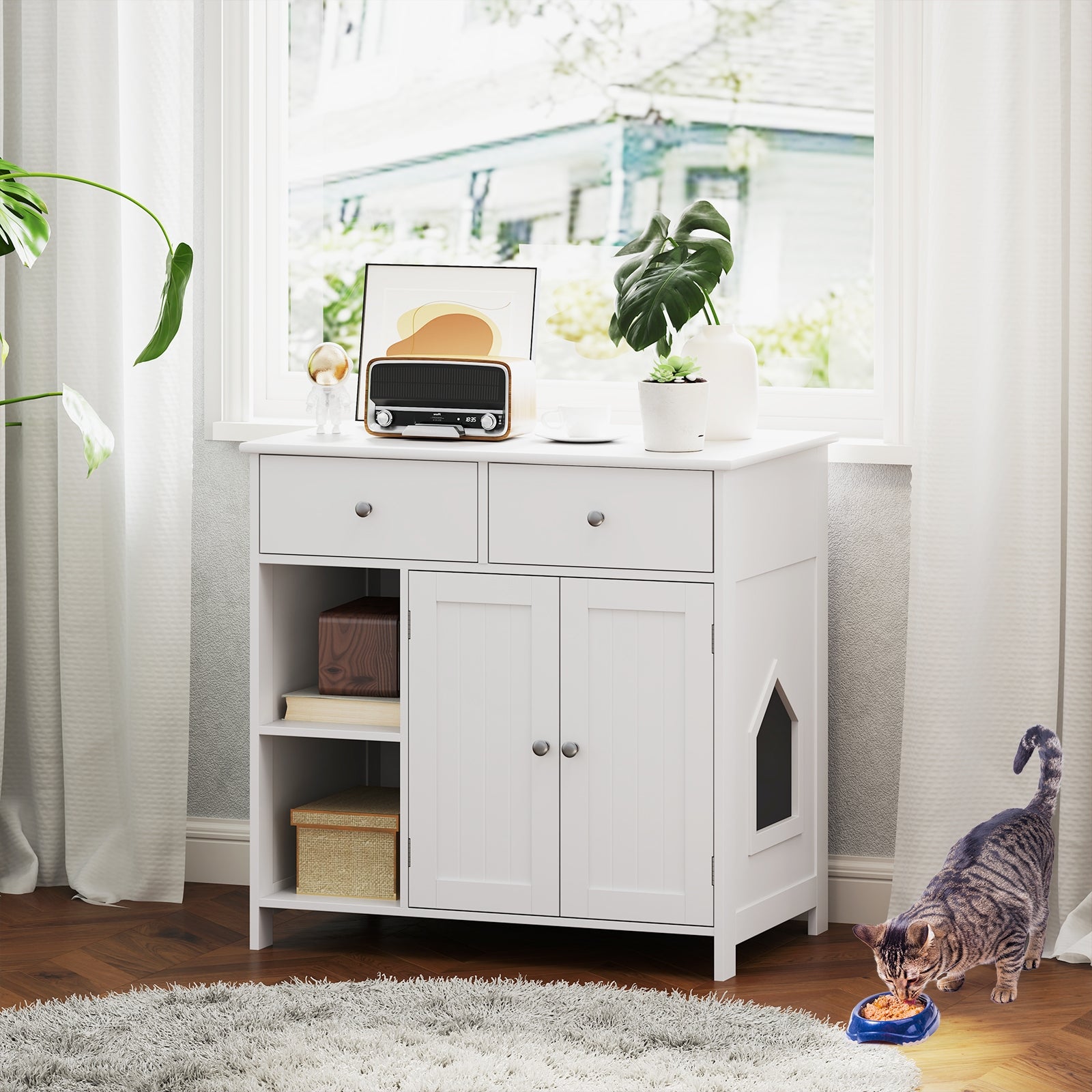 Hidden Cat Washroom Side Cabinet, Wooden Pet House With 2 Drawers, White Cat Houses at Gallery Canada