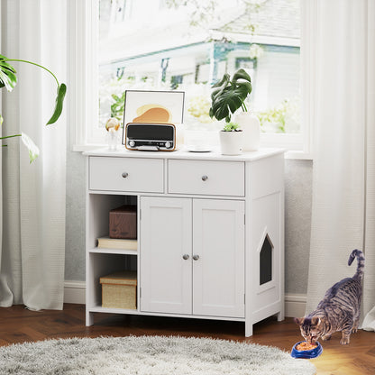 Hidden Cat Washroom Side Cabinet, Wooden Pet House With 2 Drawers, White Cat Houses at Gallery Canada