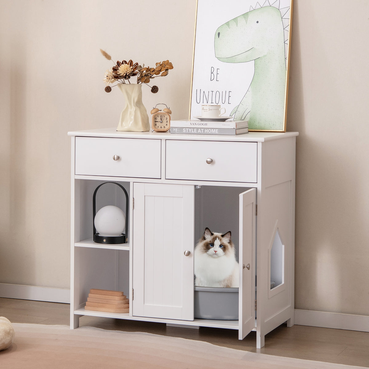Hidden Cat Washroom Side Cabinet, Wooden Pet House With 2 Drawers, White Cat Houses at Gallery Canada