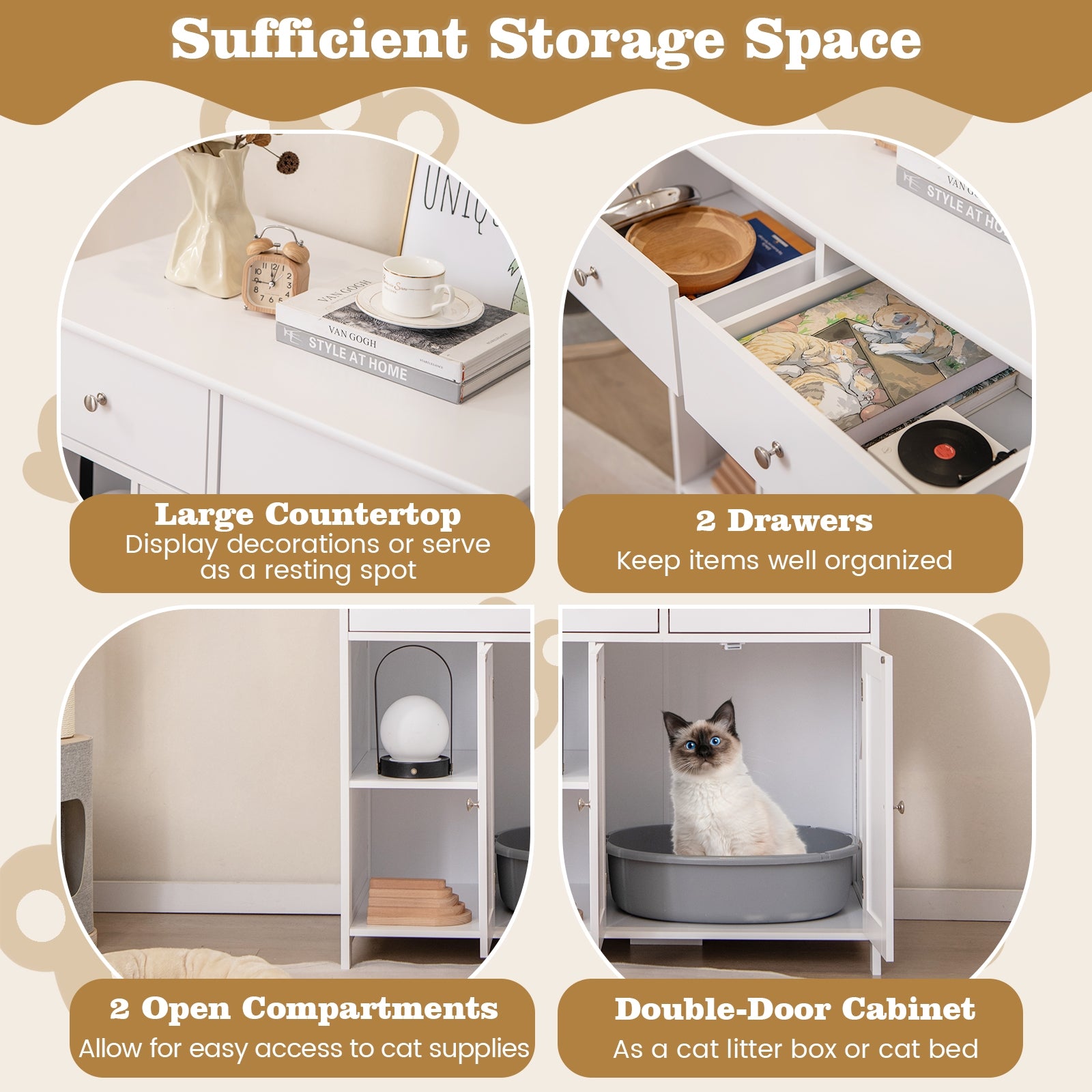 Hidden Cat Washroom Side Cabinet, Wooden Pet House With 2 Drawers, White Cat Houses at Gallery Canada