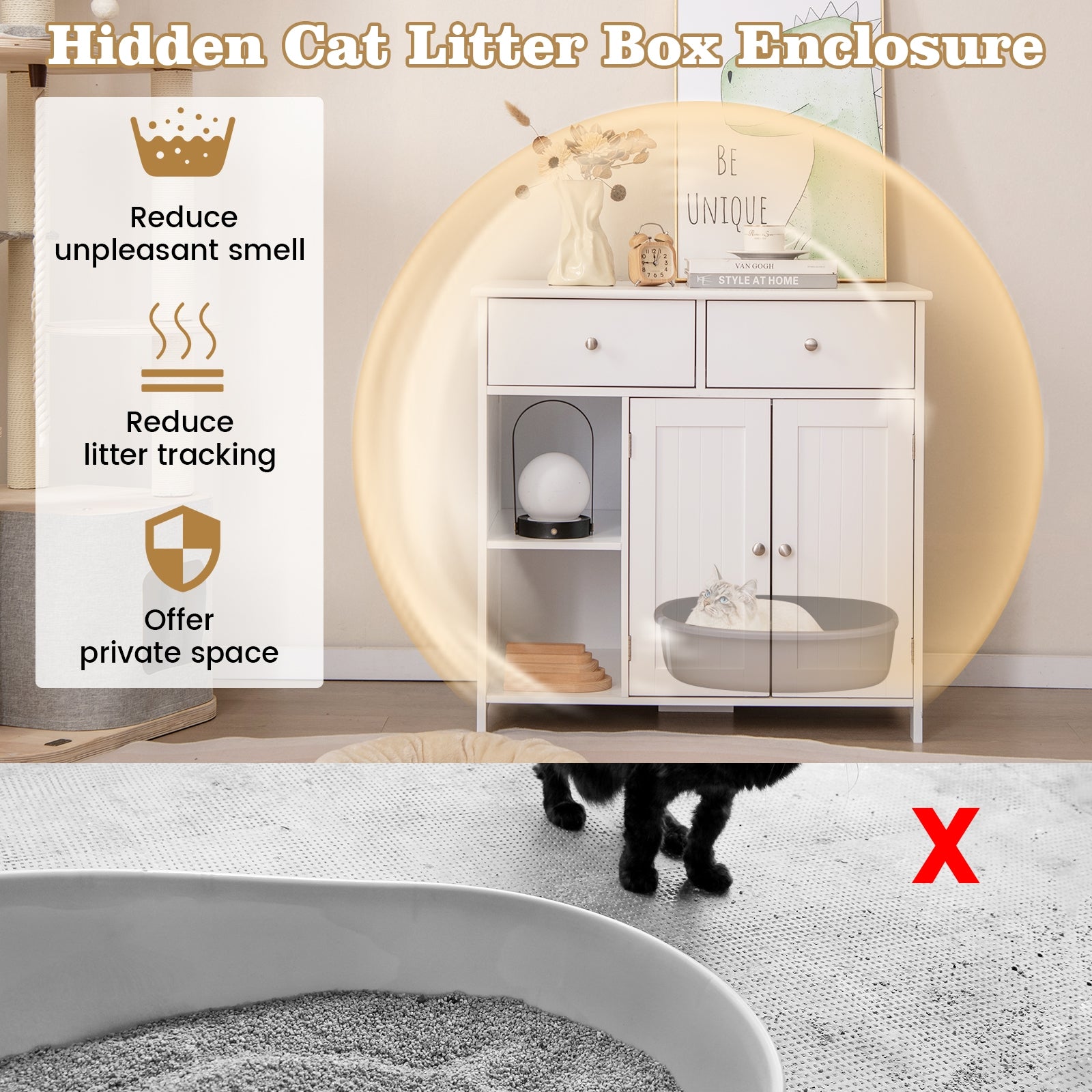 Hidden Cat Washroom Side Cabinet, Wooden Pet House With 2 Drawers, White Cat Houses at Gallery Canada