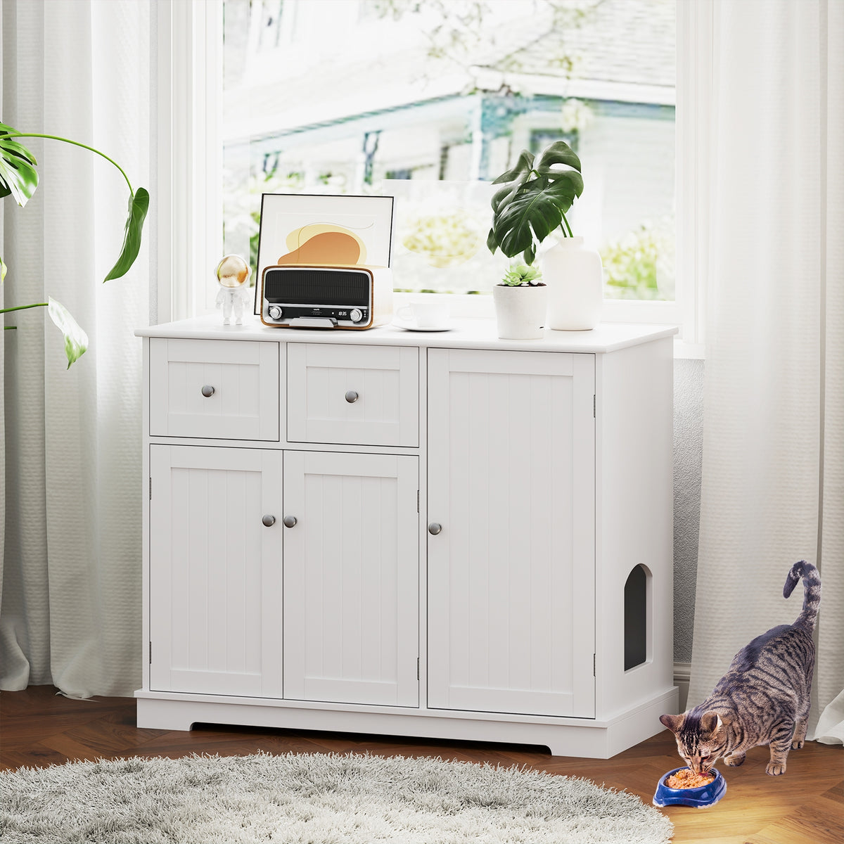 Cat Litter Box Enclosure, 2 Drawers, 3 Doors, White Cat Houses at Gallery Canada