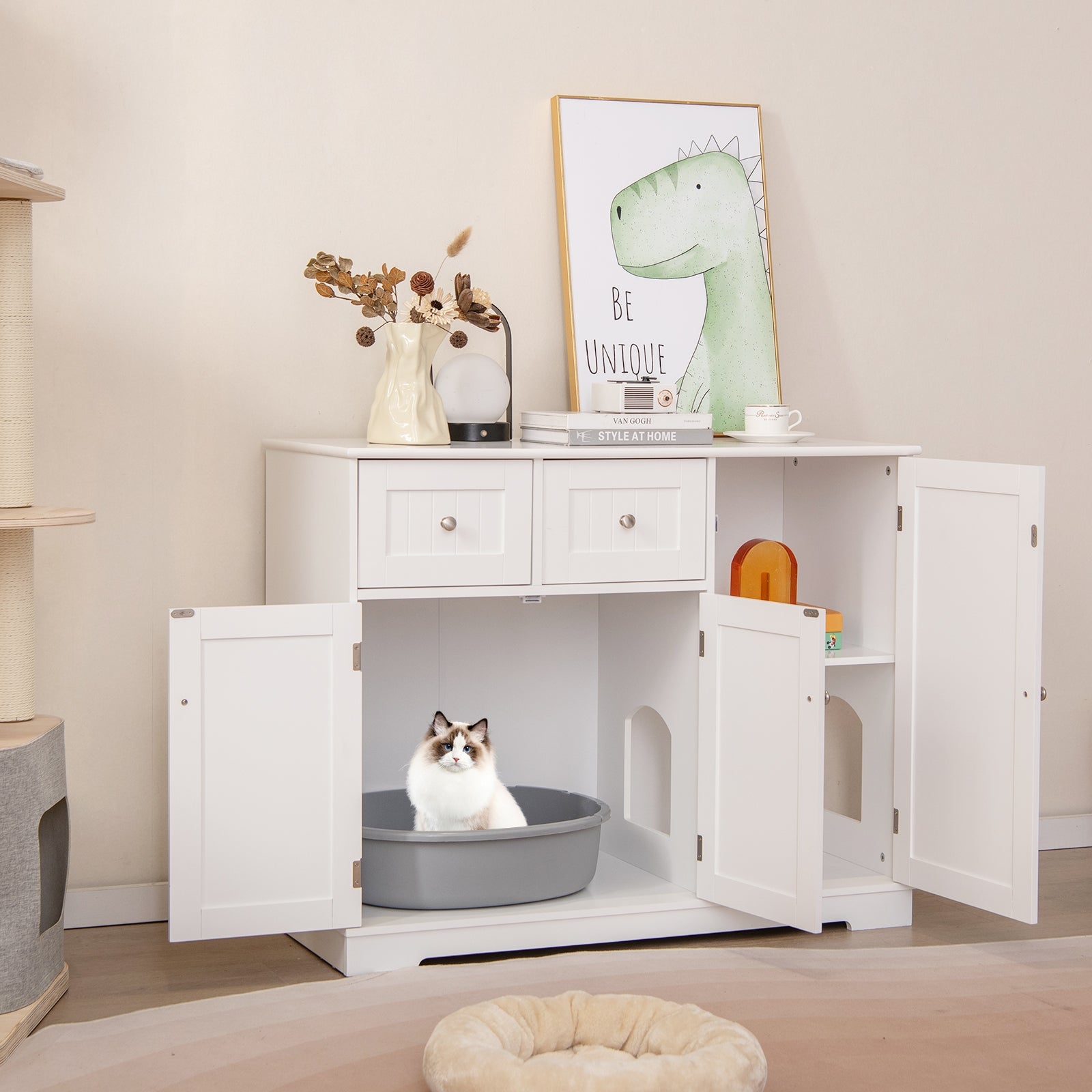 Cat Litter Box Enclosure, 2 Drawers, 3 Doors, White Cat Houses at Gallery Canada