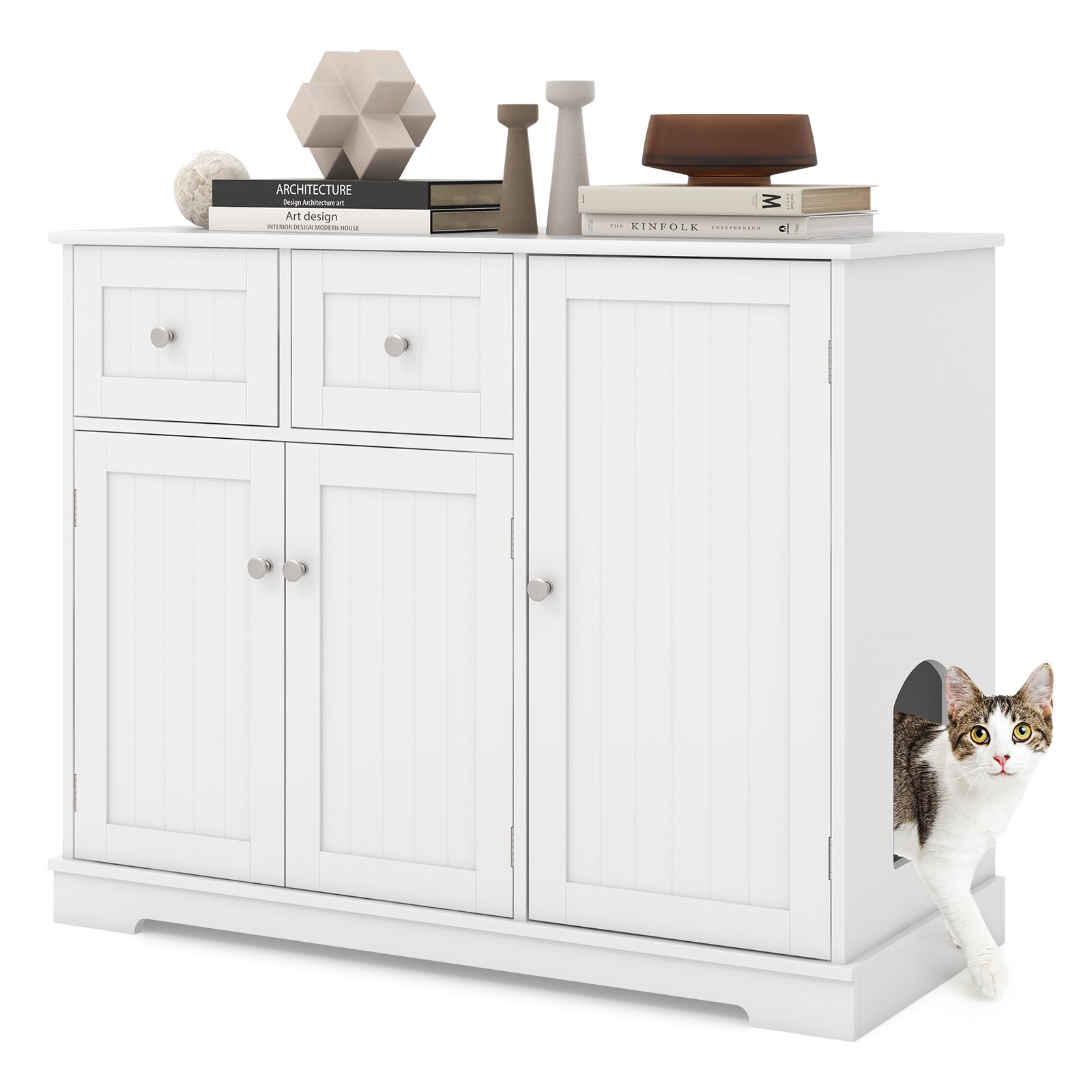 Cat Litter Box Enclosure, 2 Drawers, 3 Doors, White Cat Houses at Gallery Canada