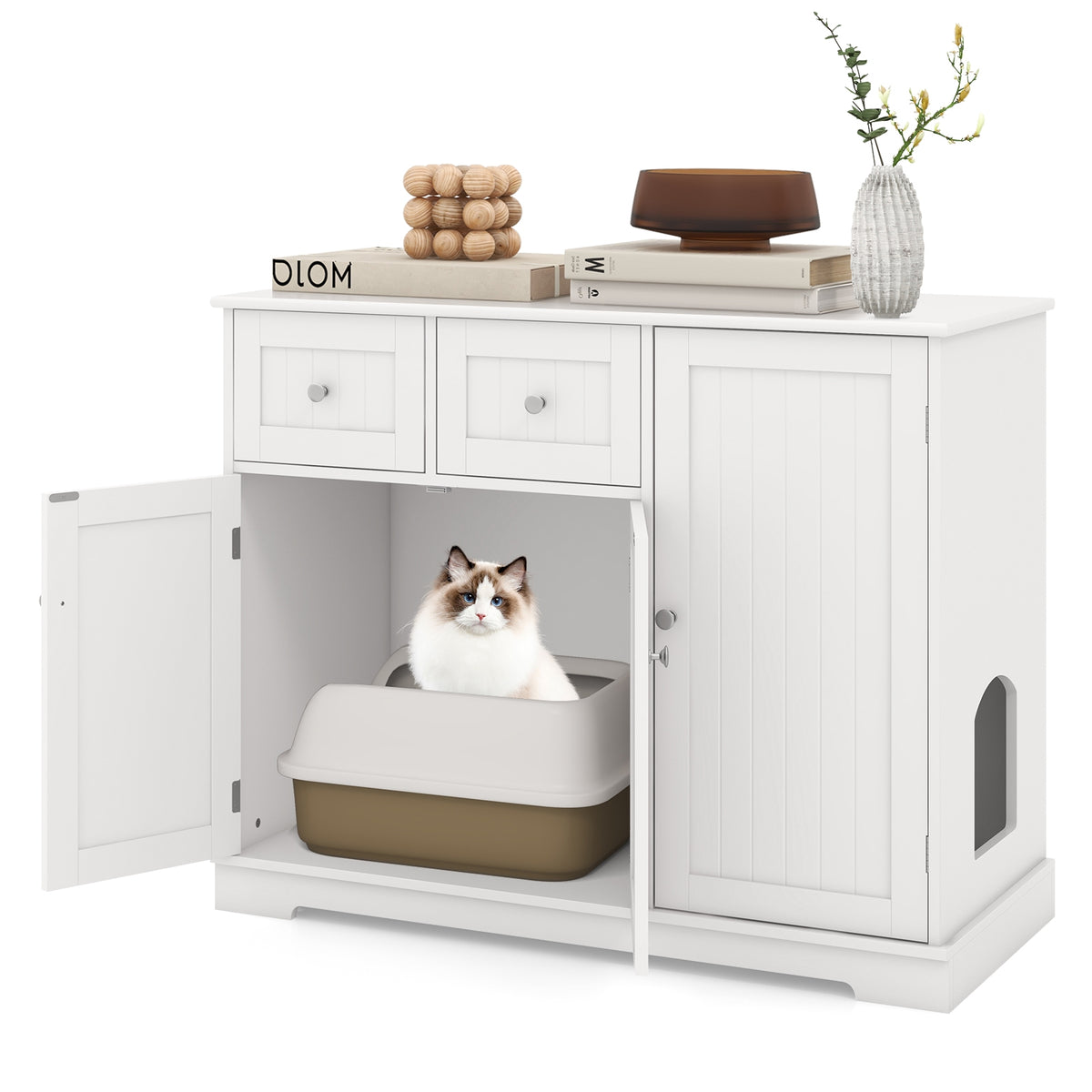 Cat Litter Box Enclosure, 2 Drawers, 3 Doors, White Cat Houses at Gallery Canada