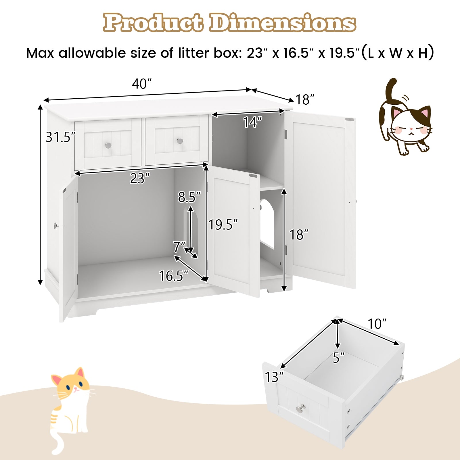 Cat Litter Box Enclosure, 2 Drawers, 3 Doors, White Cat Houses at Gallery Canada