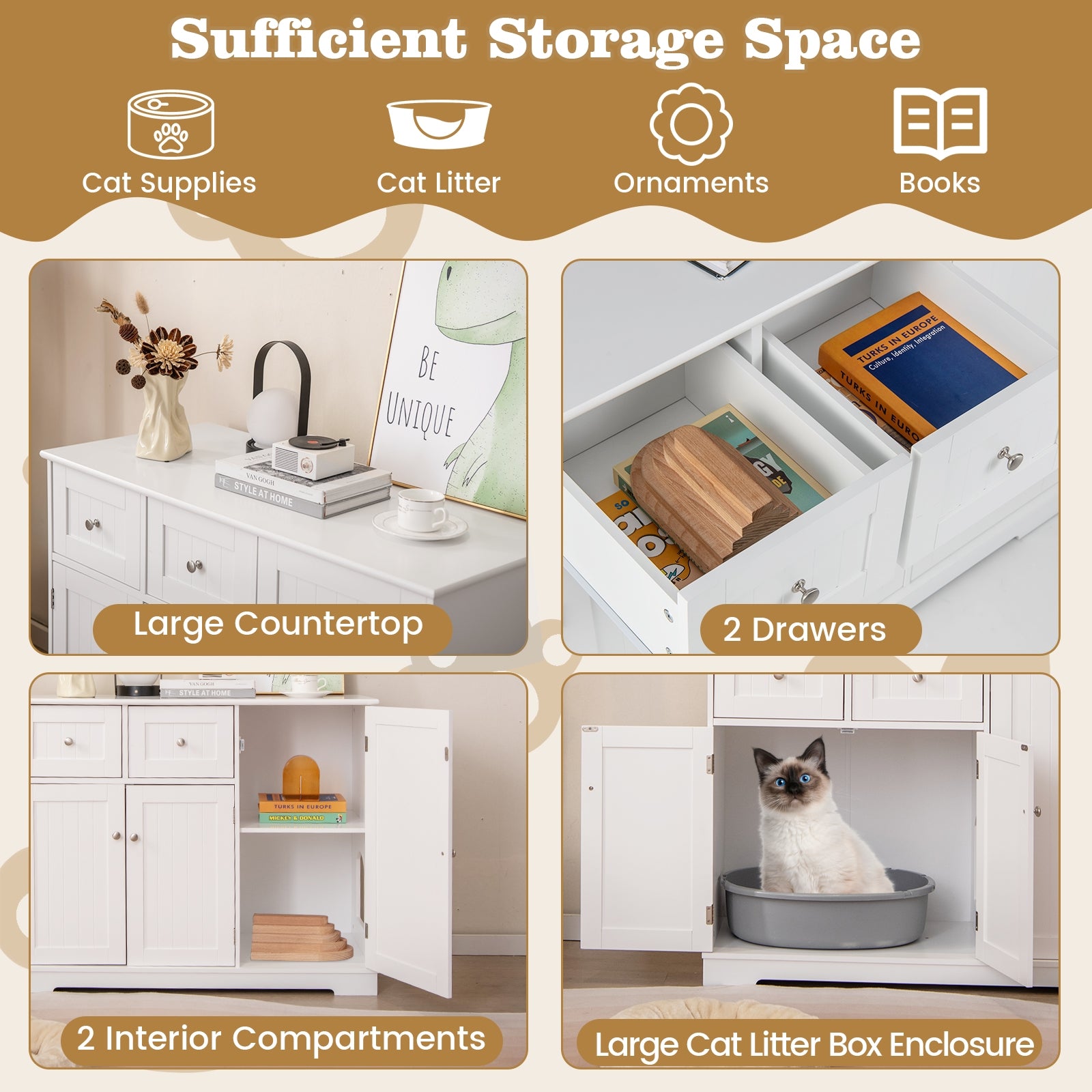 Cat Litter Box Enclosure, 2 Drawers, 3 Doors, White Cat Houses at Gallery Canada
