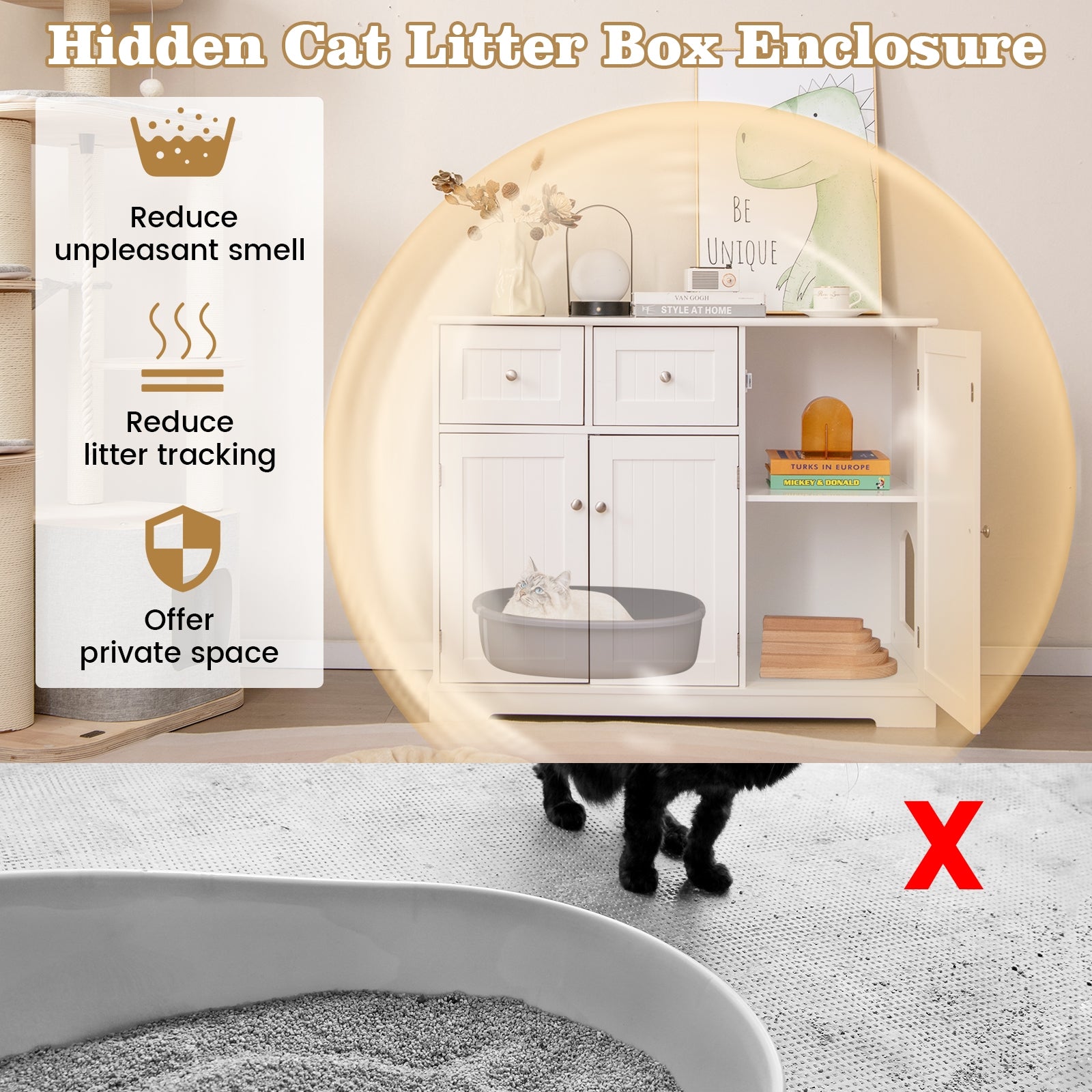 Cat Litter Box Enclosure, 2 Drawers, 3 Doors, White Cat Houses at Gallery Canada