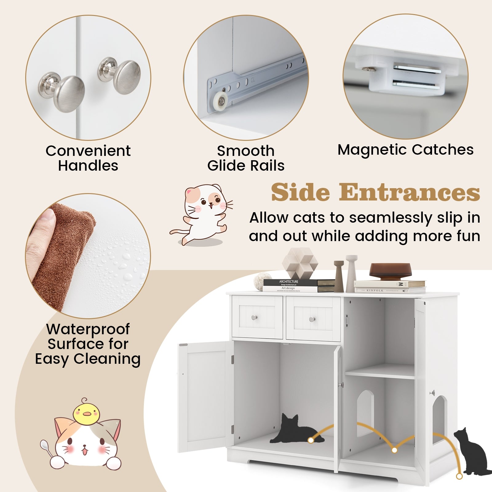 Cat Litter Box Enclosure, 2 Drawers, 3 Doors, White Cat Houses at Gallery Canada