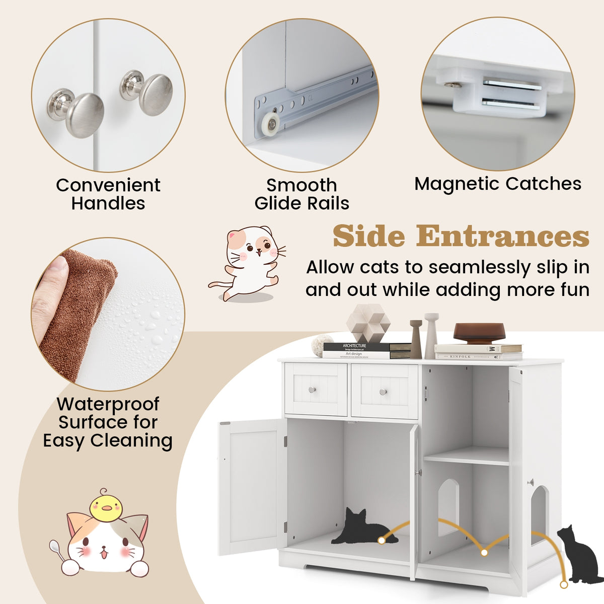 Cat Litter Box Enclosure, 2 Drawers, 3 Doors, White Cat Houses at Gallery Canada
