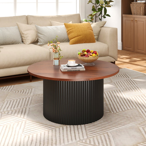 Round Coffee Table, Solid Wood Frame, Wooden Top, Walnut