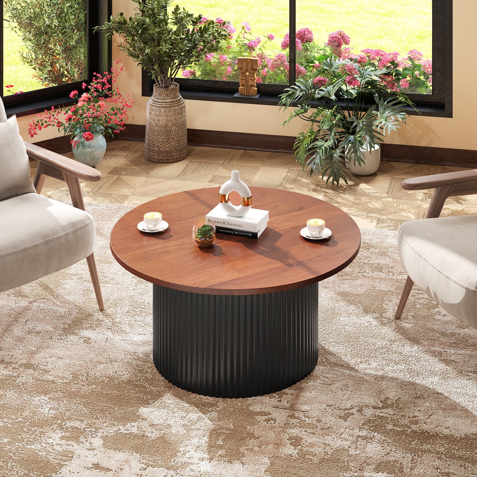 Round Coffee Table, Solid Wood Frame, Wooden Top, Walnut Coffee Tables at Gallery Canada