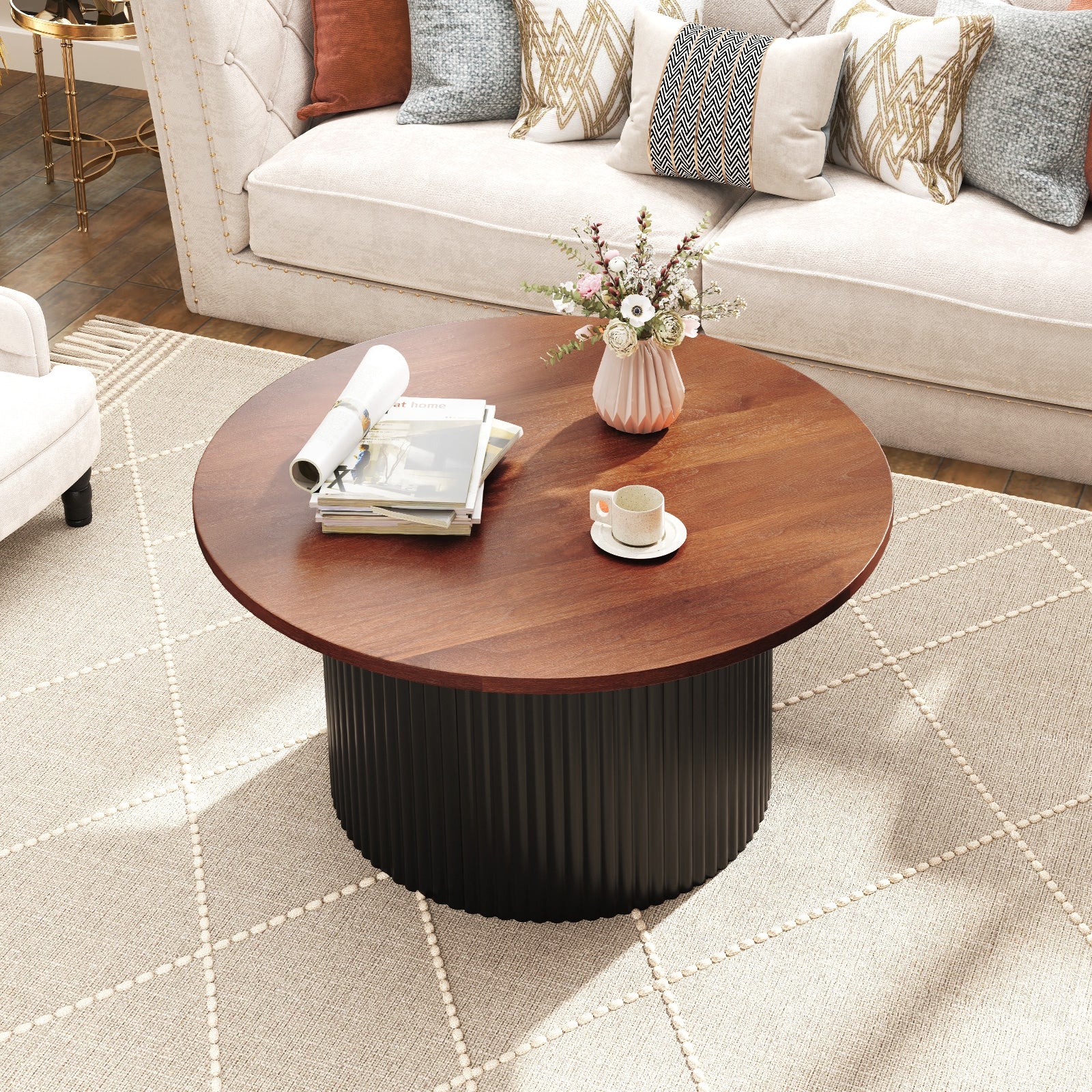 Round Coffee Table, Solid Wood Frame, Wooden Top, Walnut Coffee Tables at Gallery Canada
