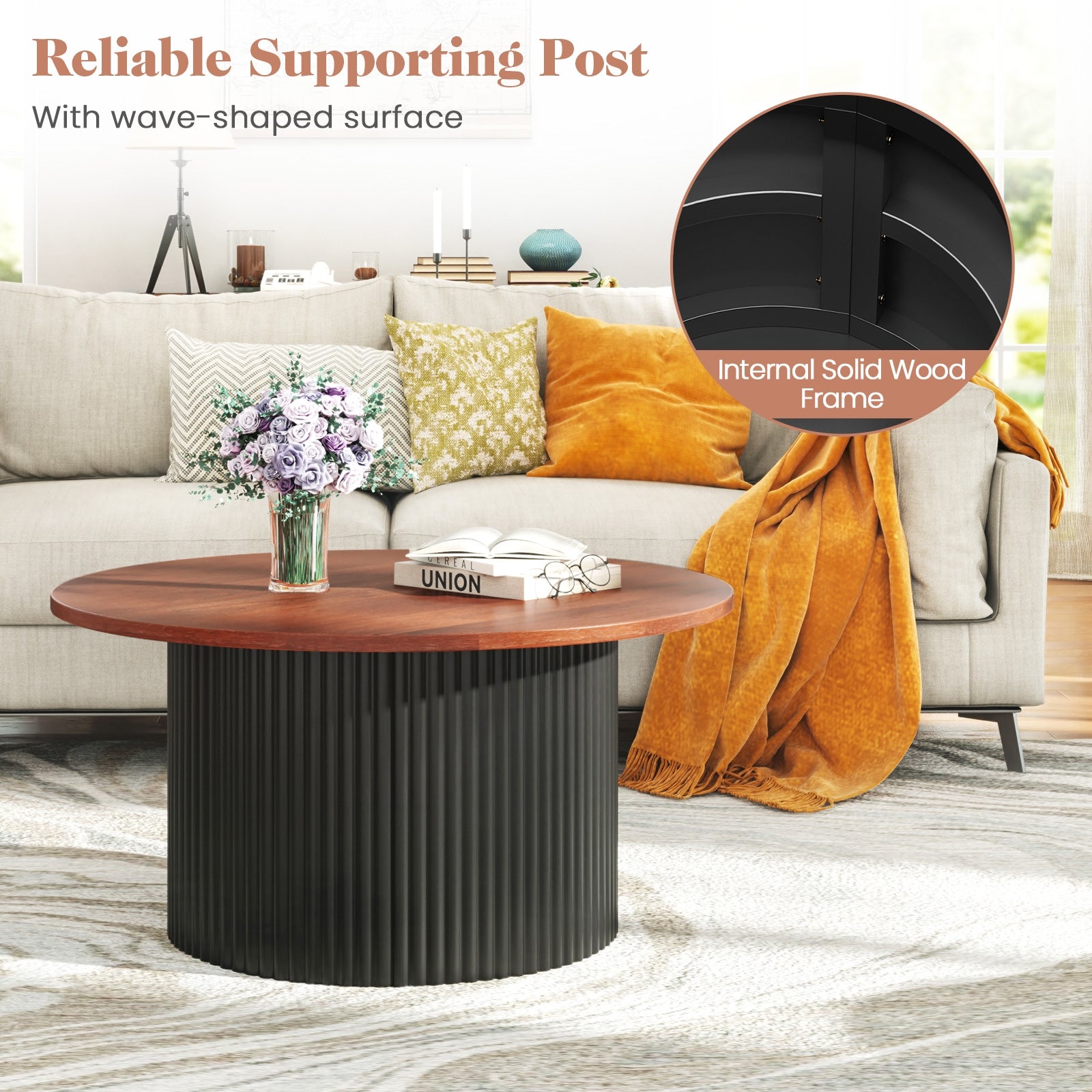 Round Coffee Table, Solid Wood Frame, Wooden Top, Walnut Coffee Tables at Gallery Canada