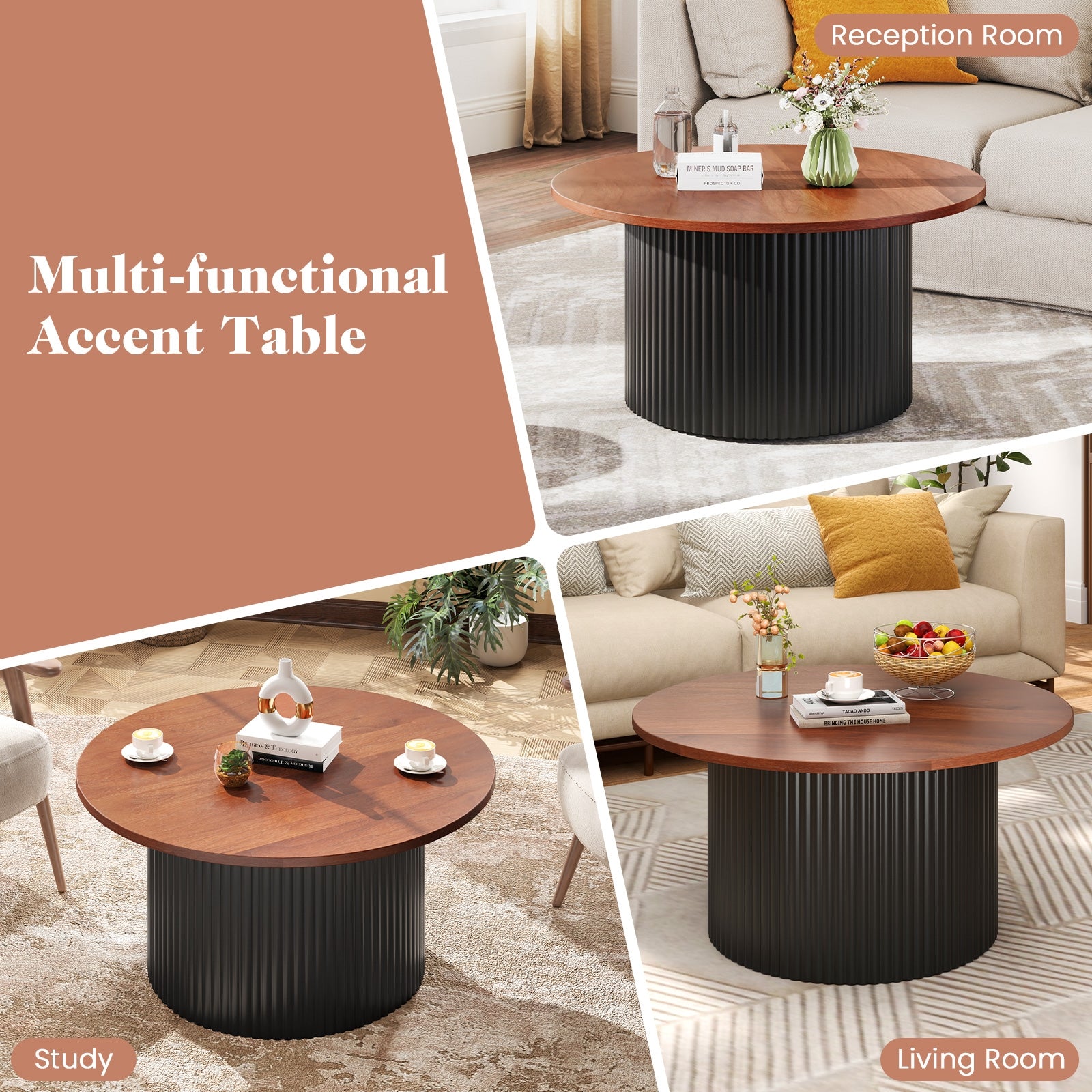 Round Coffee Table, Solid Wood Frame, Wooden Top, Walnut Coffee Tables at Gallery Canada
