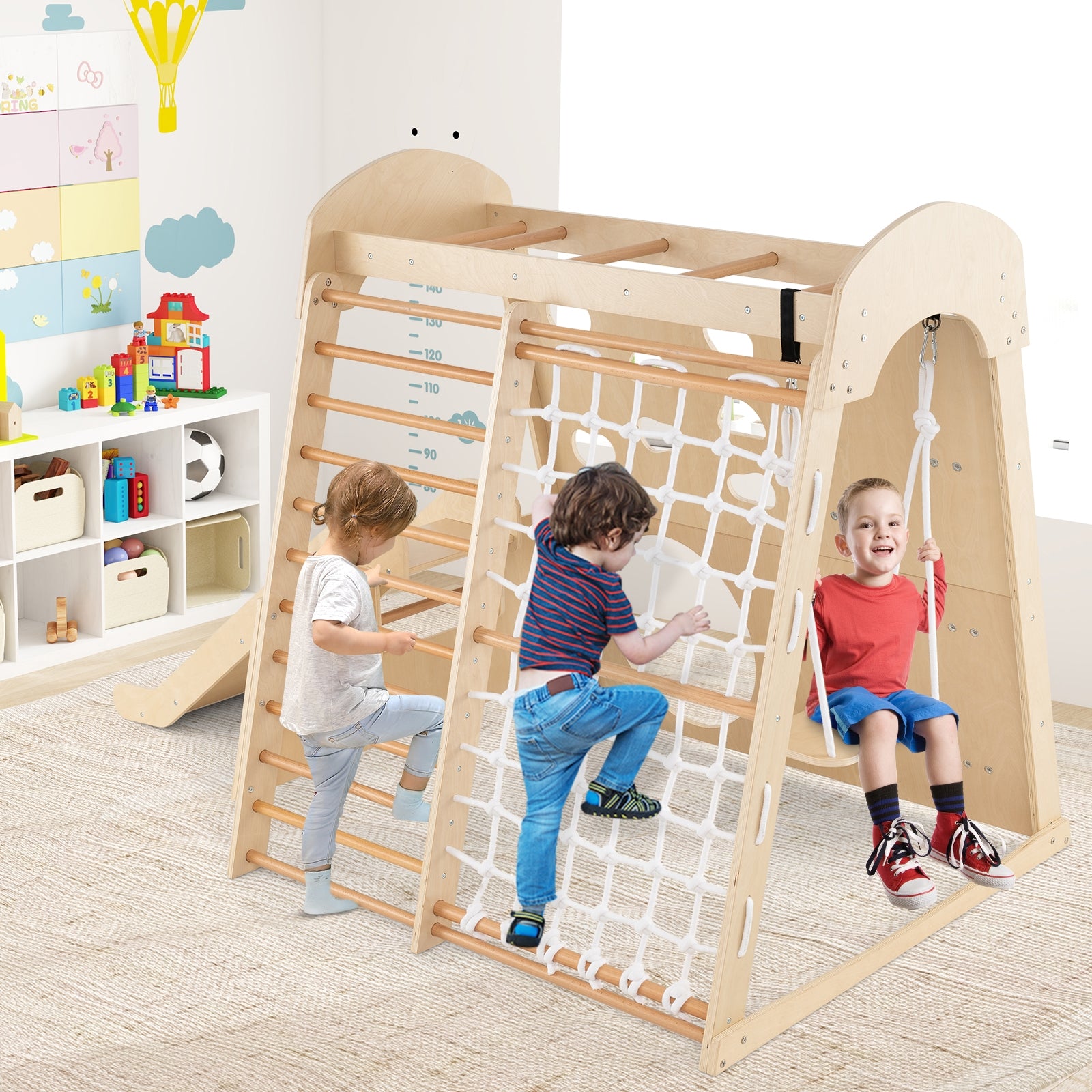 8-In-1 Indoor Jungle Gym, Wooden Playground With Swing And Climbing Wall Climbers & Slides at Gallery Canada