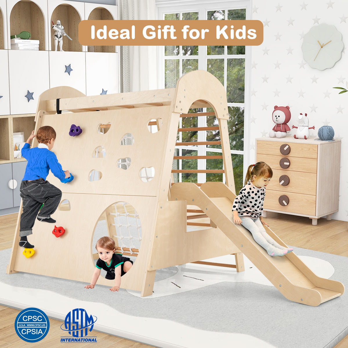 8-In-1 Indoor Jungle Gym, Wooden Playground With Swing And Climbing Wall Climbers & Slides at Gallery Canada