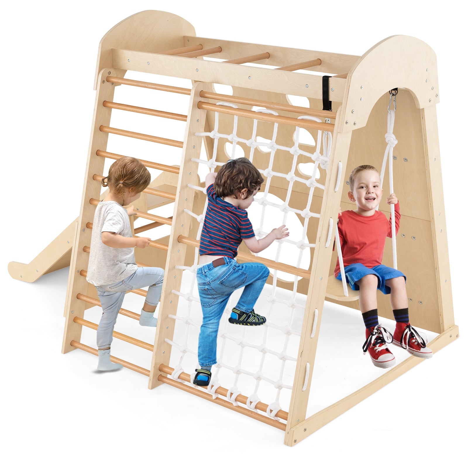 8-In-1 Indoor Jungle Gym, Wooden Playground With Swing And Climbing Wall Climbers & Slides at Gallery Canada